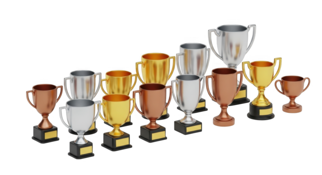 Collection of various trophies in gold silver and bronze for winners and champions in sports and competitions with black background