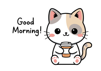 Adorable Cartoon Cat Holding Coffee Cup Wishing a Good Morning.