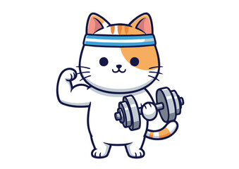 Cartoon Cat Lifting Dumbbell with Headband Orange and White Fur.