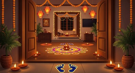 Warm Diwali Entrance Decorated with Lanterns, Rangoli, and Candles