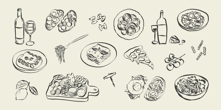 Whimsical chalk doodles of italian food. Quirky icons of breakfast and dinner meals in crayon style. Crayon drawing for menus and invitations. La dolce vita italian vector illustration - Powered by Adobe