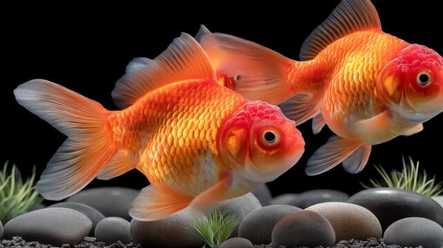 Three Oranda Goldfish Swimming Gracefully in a Freshwater Aquarium with Pebbles and Aquatic Plants