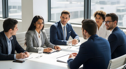A close up high-quality stock photo of a business meeting in a modern office, natural lighting, professional attire