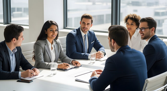 A close up high-quality stock photo of a business meeting in a modern office, natural lighting, professional attire
