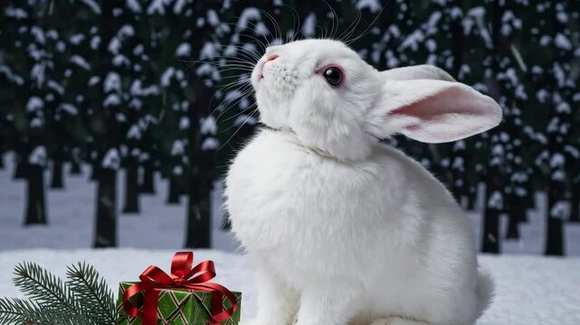 Curious white rabbit exploring snowy forest with holiday gift box