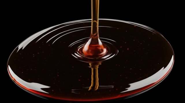 Viscous Liquid Pouring: Dark Syrup Cascading in Circular Patterns on Black Background
