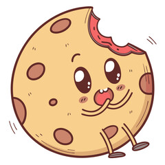 A happy cartoon chocolate chip cookie with a bite taken out vector art