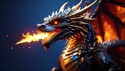 A High-Resolution 3D Fire-Breathing Dragon with Glowing Eyes and Outstretched Wings, Emitting Fiery Blasts into the Night, Surrounded by Smoke, Embers, and Shadows Against a Dark Background