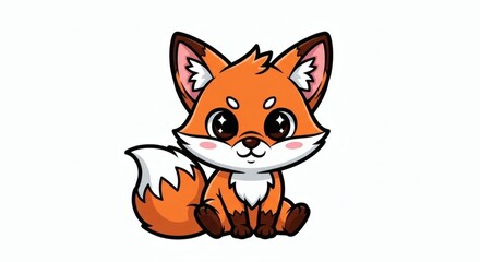 Obraz premium Adorable cartoon fox with a fluffy tail sits sweetly against a clean white background, perfect for children's illustrations.