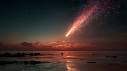 A breathtaking meteor streaks across a vibrant night sky, radiating colorful light rays. Aerial view enhances the cosmic wonder. A stunning blend of celestial energy with space for text on the side.

