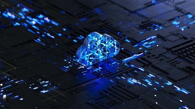 Cloud shape on circuit board symbolizes cloud computing technology and network security concept. 3D rendering, conceptual image.