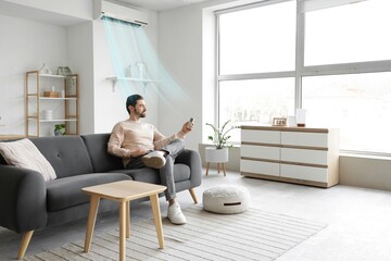 Man switching on air conditioner in living room