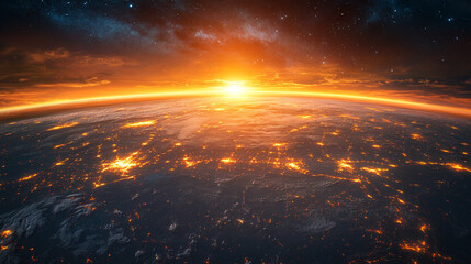 Fototapeta premium A breathtaking meteor streaks across a vibrant night sky, radiating colorful light rays. Aerial view enhances the cosmic wonder. A stunning blend of celestial energy with space for text on the side.