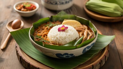 Steaming bowl of nasi lemak with pandan leaves, coconut rice surrounded by sambal and anchovies.