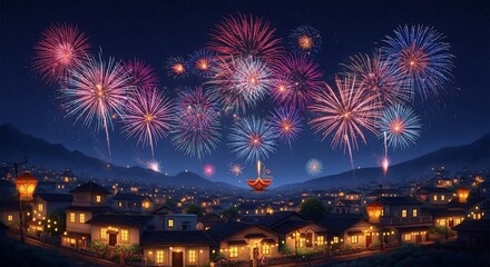 Festive Diwali Night: Fireworks Over Illuminated Cityscape, Vibrant Celebration.