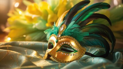 Golden-green feathered carnival mask with gemstones, representing Brazil Independence Day's festive luxury.