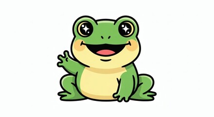Smiling cartoon frog with big eyes waving its hand in a friendly greeting on a clean white backdrop.