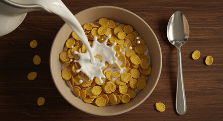Top-down shot of a bowl of cornflakes with milk being poured in