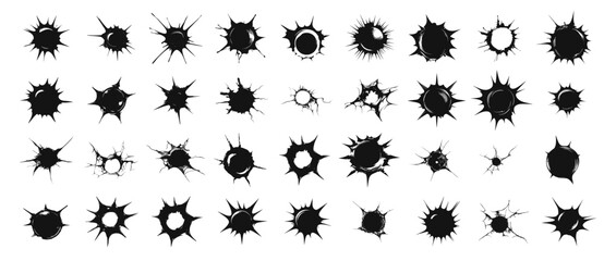 Bullet holes silhouettes icons set. Gun bullethole shooting, weapon mark damage vector elements