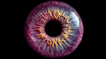 A mesmerizing macro shot of a human eye's iris, showcasing a rich blend of purple, orange, and white against a dark backdrop, highlighting its beauty.
