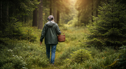 Woman walking through forest with basket on peaceful autumn day

