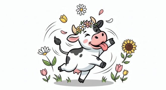 Joyful cartoon cow dances happily amidst colorful flowers on a bright white background, spreading cheer with its adorable demeanor.