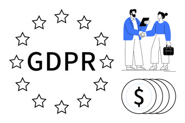 GDPR text encircled by stars, professionals shaking hands, and a stack of coins representing compliance, trust, and financial stability. Ideal for privacy, law, compliance, business ethics data