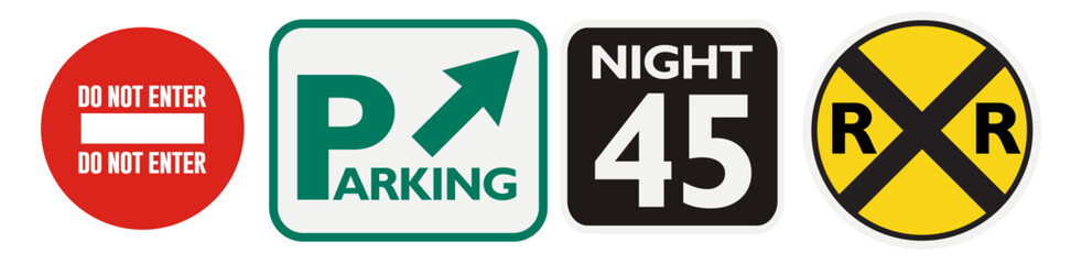 Road and Parking Sign Vector Set — Do Not Enter, Parking, Speed Limit, Railroad Crossing


