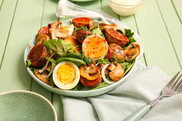Plate of tasty potato salad with eggs and mushrooms on wooden table