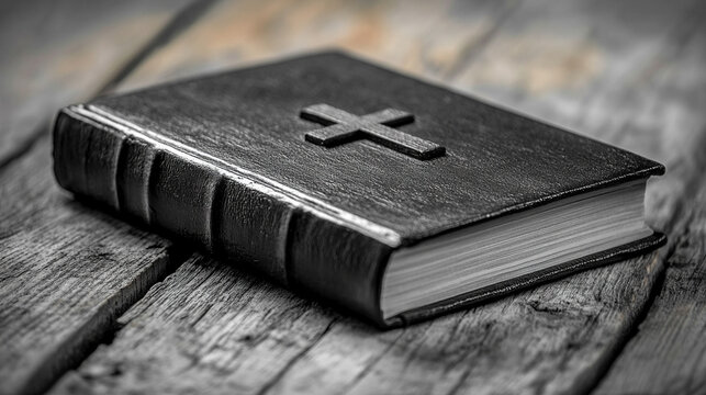 A Bible with a prominent cross on its cover, placed against a clean background with space for captioning on the side. Symbolizing faith, devotion, and Christian values in a minimalist setting.