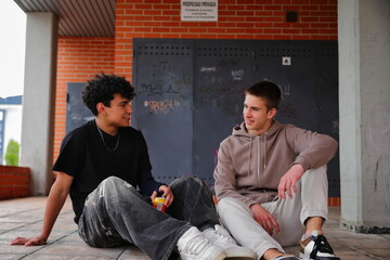 Two teenage boys laughing outside, friendship concept