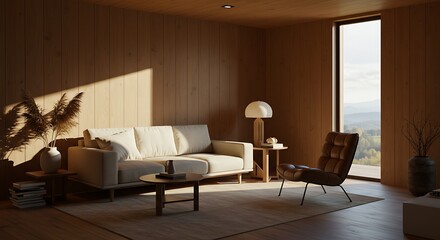 Modern Living Room Interior Design with Brown Leather Chair, Beige Sofa and Wooden Wall Panels - 3D Illustration	