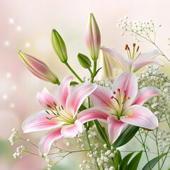 Fototapeta premium Close up of pink and white lilies with green buds and delicate white flowers lily floral