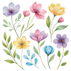 Collection of watercolor painted pink purple yellow blue flowers and green leaves floral botanical