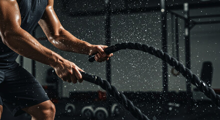 An athlete intensely working out with battle ropes in a modern gym.