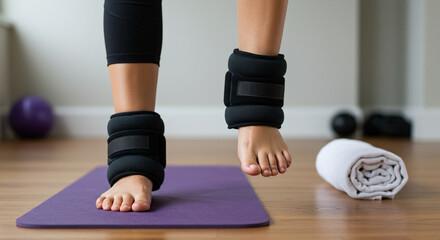 A person exercises with ankle weights in a home setting. 