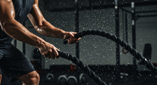 An athlete intensely working out with battle ropes in a modern gym. 