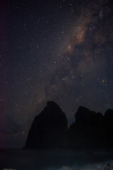 Fototapeta premium Silhouette of coastal rocks beneath a star-filled sky at a hidden beach, with the Milky Way glowing above the dark sea horizon.