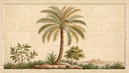 Detailed illustration of a palm tree and tropical plants on a stone wall background landscape