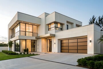  Modern House Exterior Minimalist Design Front Yard Landscaping Dusk Stock Photos. Exterior of modern house with minimalist garden .