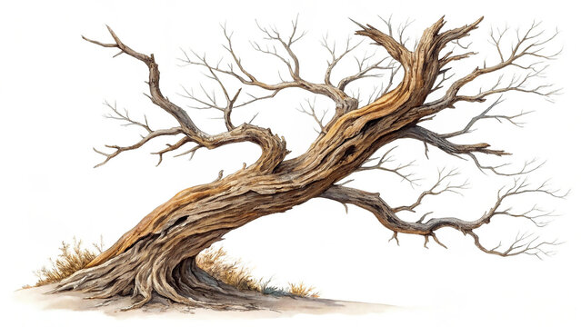 Detailed watercolor illustration of a gnarled ancient dead tree with bare branches on a white background