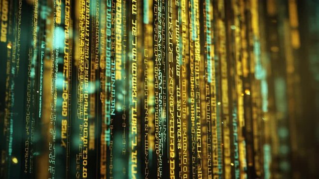 多色の縦列の数字が電脳空間に並ぶ抽象パターン