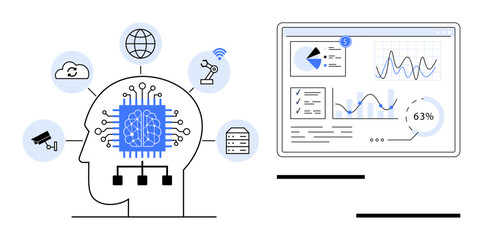 Human head with AI brain chip connected to IoT devices thumbs up cloud, robots, servers, and wireless. Screen displays analytics with charts, graphs, and stats. Ideal for automation, AI IoT data