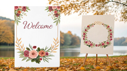 Floral welcome sign and circular wreath display on easel in autumn setting image