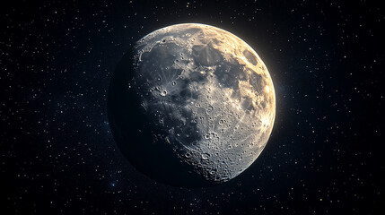 Glowing full moon radiates soft light in a vast cosmic night sky. The dark, moody universe surrounds the luminous lunar sphere in a surreal 3D render, evoking stillness, mystery, and beauty.

