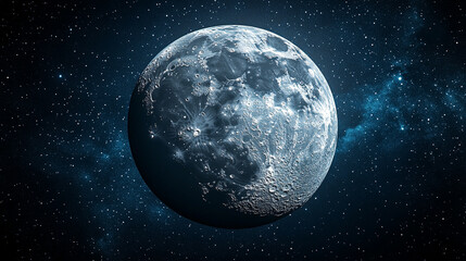 Glowing full moon radiates soft light in a vast cosmic night sky. The dark, moody universe surrounds the luminous lunar sphere in a surreal 3D render, evoking stillness, mystery, and beauty.

