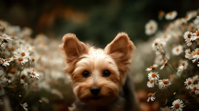 Small dog bounding through a field of daisies, full of energy