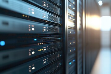 Close-up of data center server racks with illuminated lights and reflective panels, highlighting modern cloud computing infrastructure and secure digital technology systems