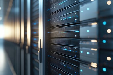Obraz premium Server racks with glowing blue indicators in a high-security data center corridor, showcasing cloud infrastructure, data processing, and modern enterprise network systems