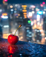 Fresh Red Cherry on Wet Surface with City Lights in Background at Night